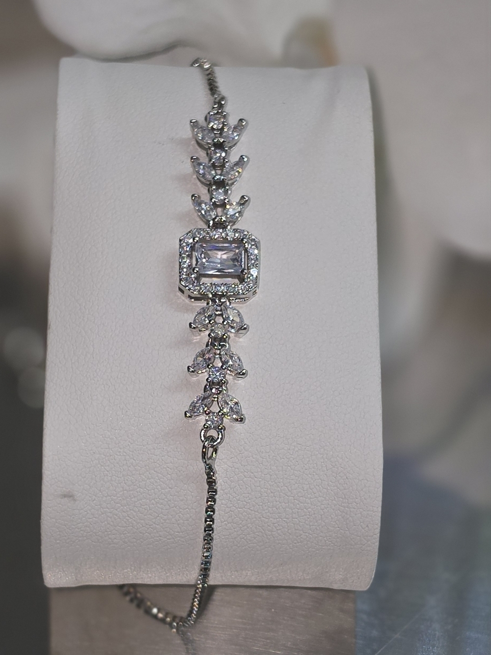 Silver-Tone Cubic Zirconia Floral Link Bracelet
